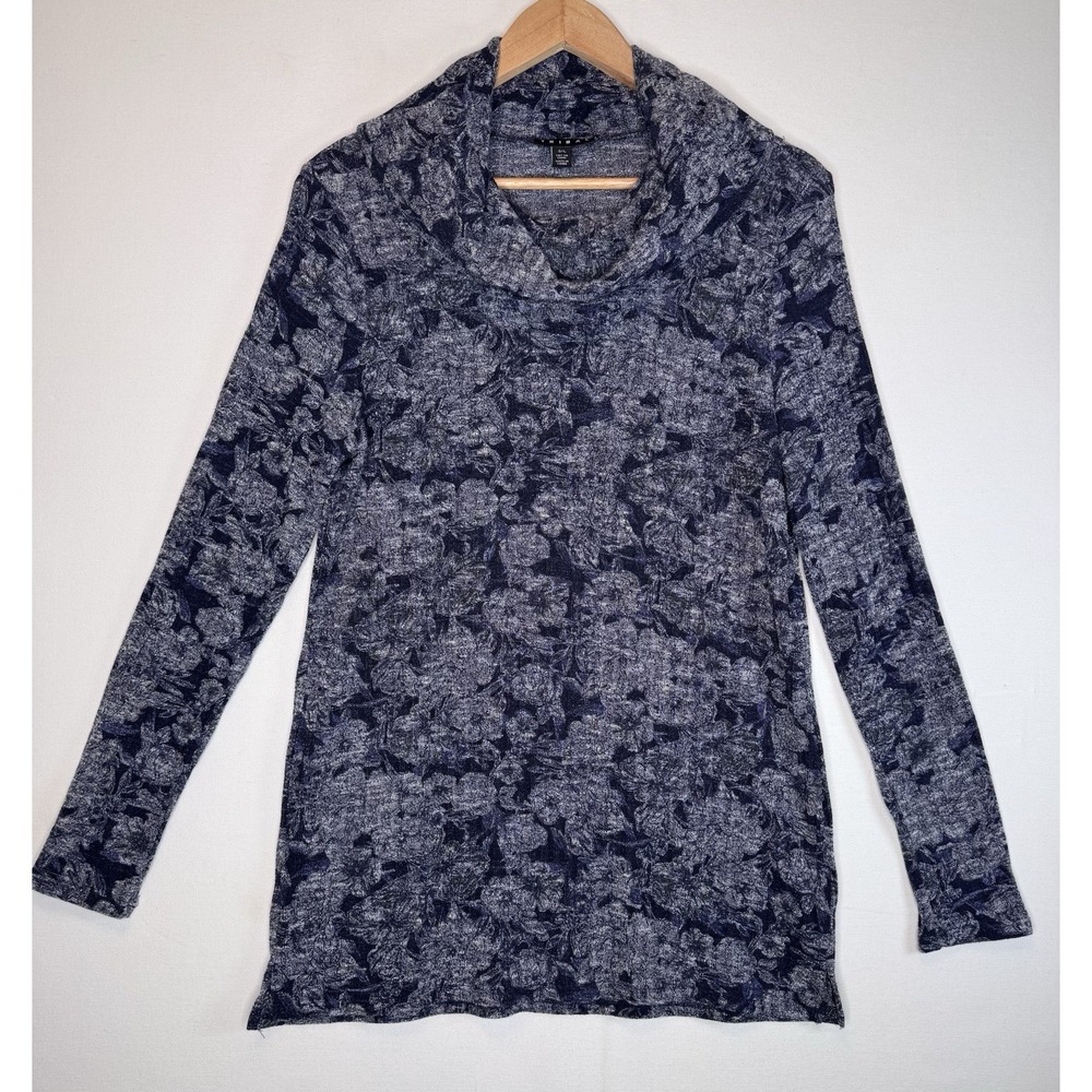 Tribal Ribbed Cowl Neck Sweater Tunic Top Size Large Blue Floral Monochromatic